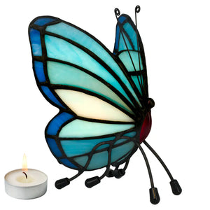 Tiffany vlinder waxinelichthouder – Turquoise & Diepblauw – H 14 cm (Art. 8016)