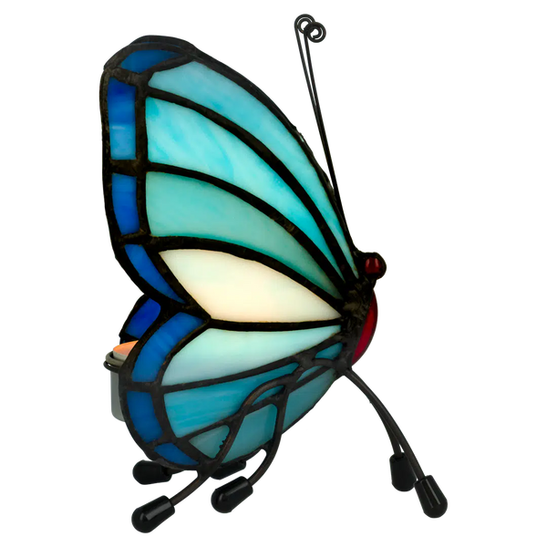 Tiffany vlinder waxinelichthouder – Turquoise & Diepblauw – H 14 cm (Art. 8016)