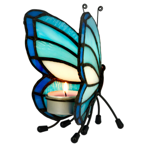 Tiffany vlinder waxinelichthouder – Turquoise & Diepblauw – H 14 cm (Art. 8016)