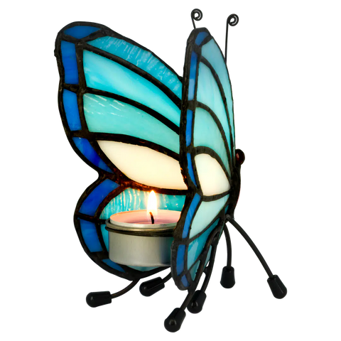 Tiffany vlinder waxinelichthouder – Turquoise & Diepblauw – H 14 cm (Art. 8016)