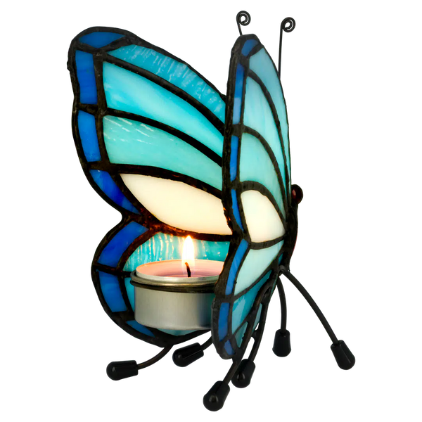 Tiffany vlinder waxinelichthouder – Turquoise & Diepblauw – H 14 cm (Art. 8016)