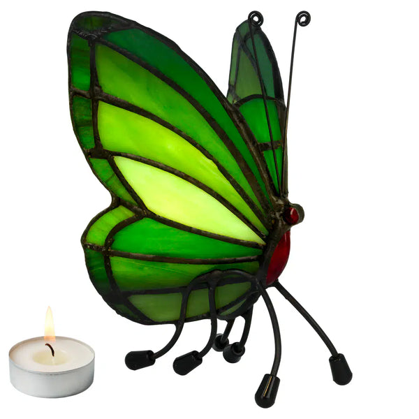 Tiffany vlinder waxinelichthouder – Groen & Geelgroen – H 14 cm (Art. 8017)