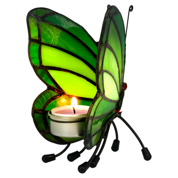 Tiffany vlinder waxinelichthouder – Groen & Geelgroen – H 14 cm (Art. 8017)