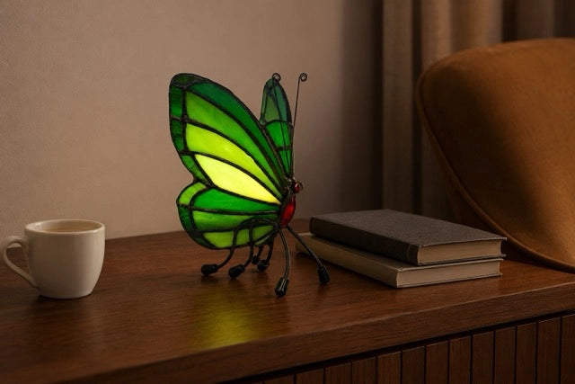 Groene Tiffany vlinder waxinelichthouder van glas-in-lood op een walnoten dressoir met boeken en een koffiekopje.