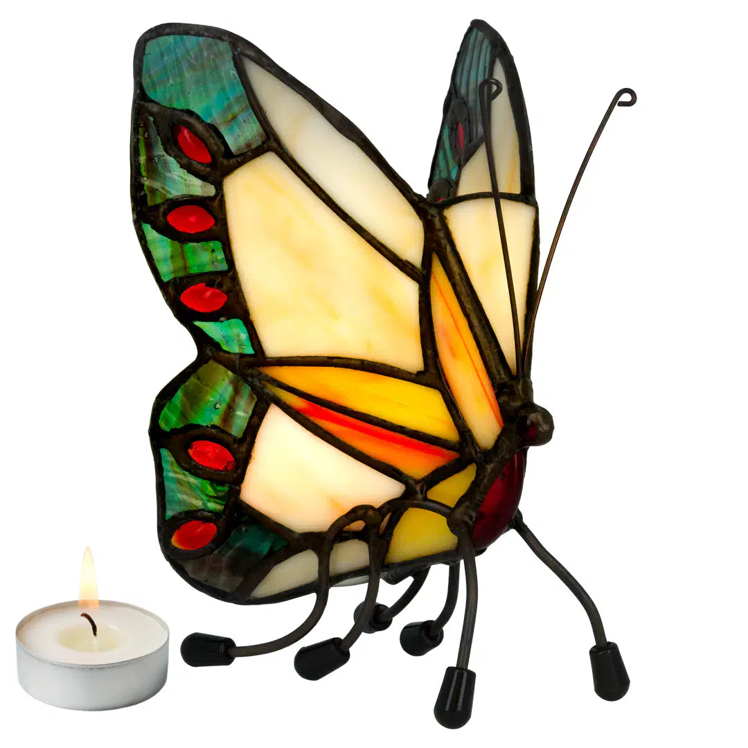 Tiffany vlinder waxinelichthouder – Geel, Crème & Blauwgroen – H 14 cm (Art. 8018)