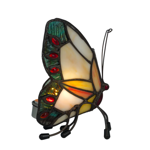 Tiffany vlinder waxinelichthouder – Geel, Crème & Blauwgroen – H 14 cm (Art. 8018)