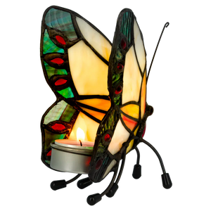Tiffany vlinder waxinelichthouder – Geel, Crème & Blauwgroen – H 14 cm (Art. 8018)