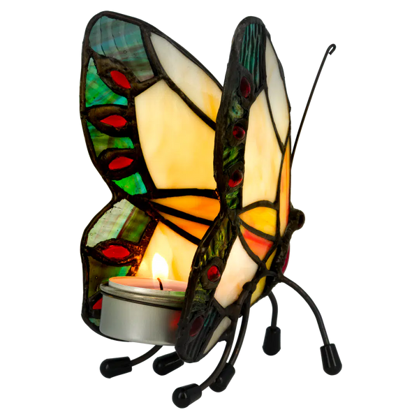 Tiffany vlinder waxinelichthouder – Geel, Crème & Blauwgroen – H 14 cm (Art. 8018)