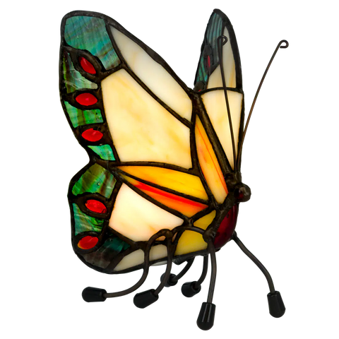 Tiffany vlinder waxinelichthouder – Geel, Crème & Blauwgroen – H 14 cm (Art. 8018)