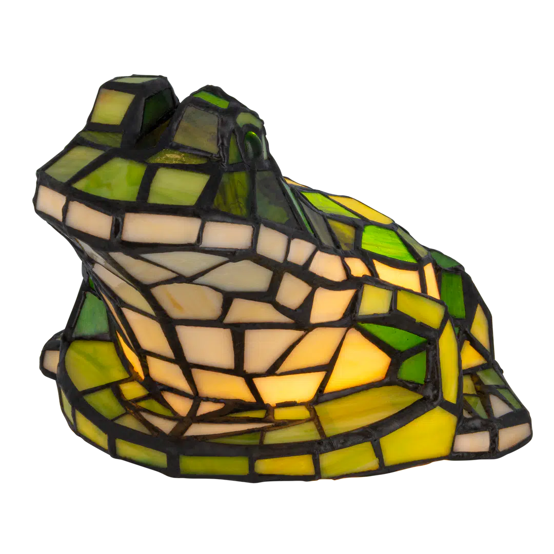 Roruvera Tiffany kikkerlamp van glas in lood in groen,- en cremetinten, brandend