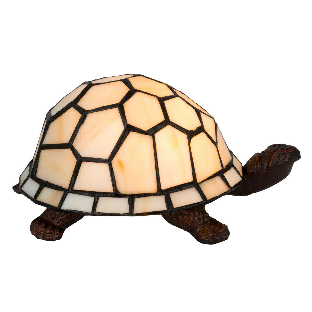 Roruvera Tiffany schildpadlamp met bronskleurige voet van glas in lood in crème glas-in-lood schild, brandend