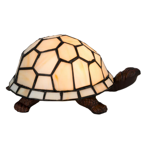 Roruvera Tiffany schildpadlamp met bronskleurige voet van glas in lood in crème glas-in-lood schild, brandend