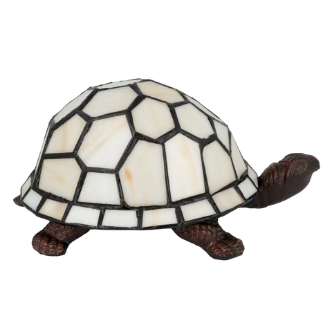Tiffany schildpadlamp met bronskleurige voet van glas in lood in crème glas-in-lood schild, uitgeschakeld