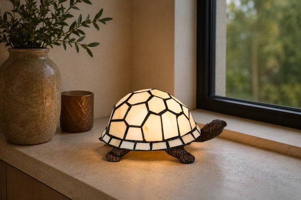Tiffany schildpadlamp 8070 in wit en crème op een vensterbank naast een keramische vaas | RORUVERA