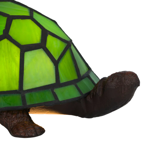 Detail Tiffany schildpadlamp met bronskleurige voet van glas in lood in groen glas-in-lood schild
