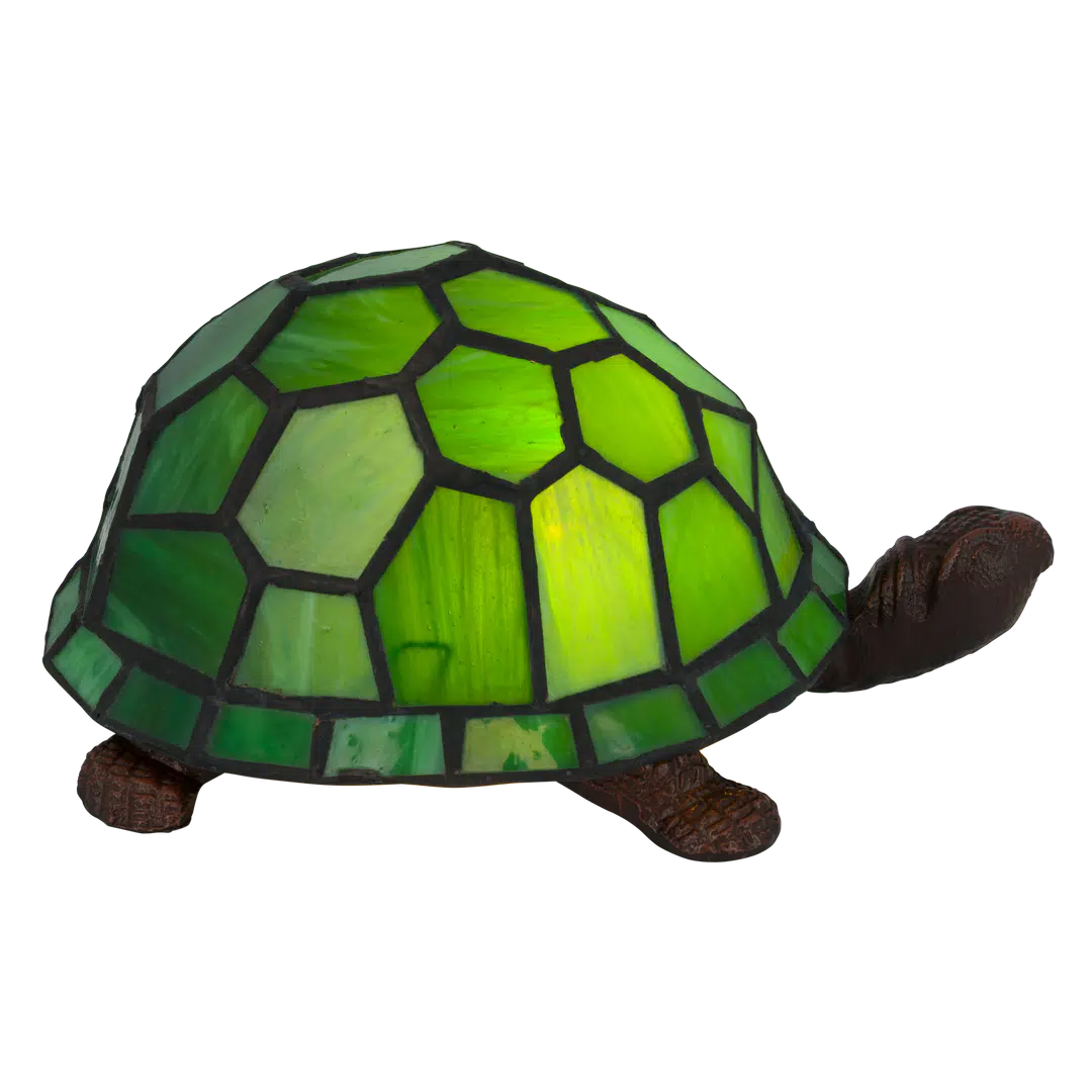 Roruvera Tiffany schildpadlamp met bronskleurige voet van glas in lood in groen glas-in-lood schild, brandend