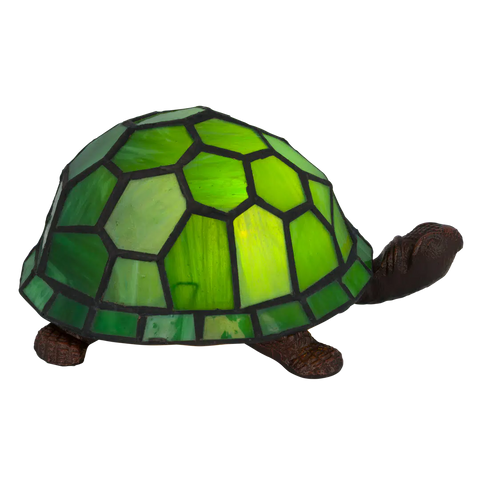 Roruvera Tiffany schildpadlamp met bronskleurige voet van glas in lood in groen glas-in-lood schild, brandend