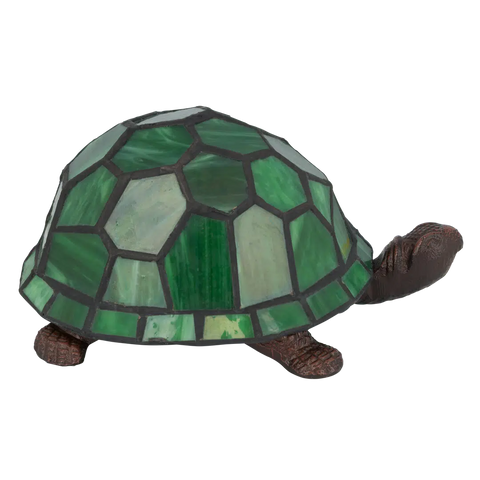 Tiffany schildpadlamp met bronskleurige voet van glas in lood in groen glas-in-lood schild, uitgeschakeld