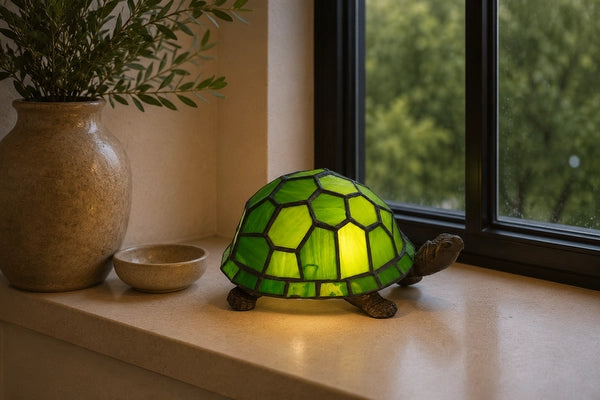 Tiffany schildpadlamp 8071 in groen en geelgroen op een vensterbank naast een keramische vaas | RORUVERA