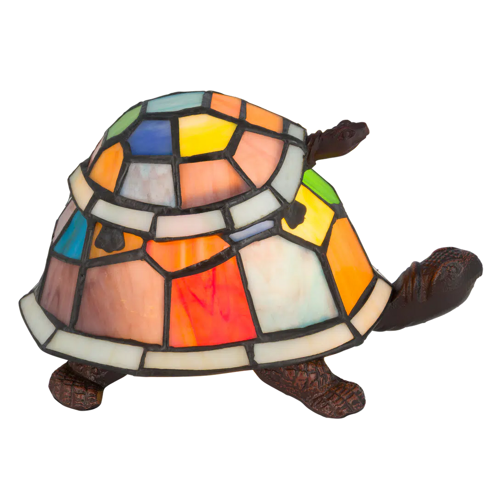 Roruvera Tiffany schildpadlamp met bronskleurige voet van glas in lood in multicolor glas-in-lood schild, brandend