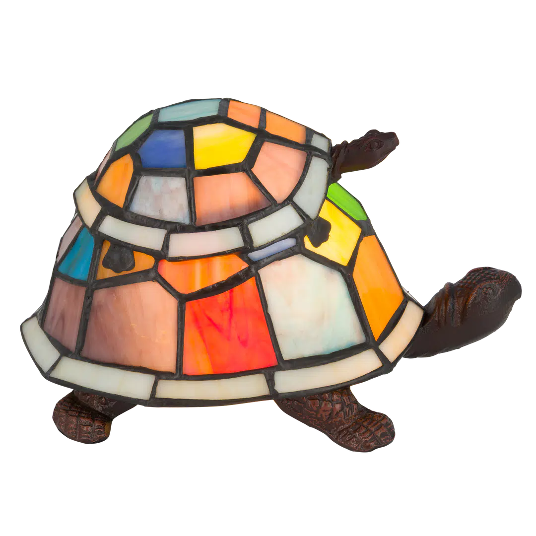 Roruvera Tiffany schildpadlamp met bronskleurige voet van glas in lood in multicolor glas-in-lood schild, brandend