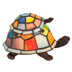Roruvera Tiffany schildpadlamp met bronskleurige voet van glas in lood in multicolor glas-in-lood schild, brandend