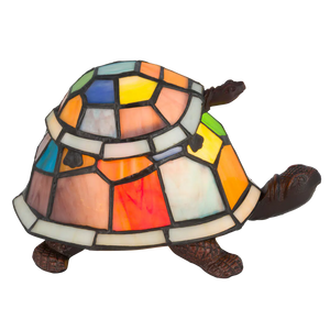 Roruvera Tiffany schildpadlamp met bronskleurige voet van glas in lood in multicolor glas-in-lood schild, brandend