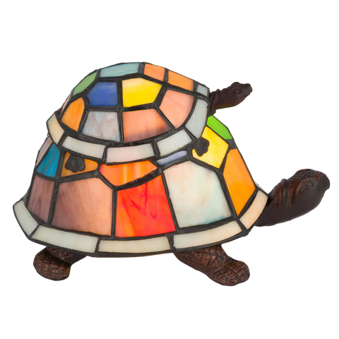 Roruvera Tiffany schildpadlamp met bronskleurige voet van glas in lood in multicolor glas-in-lood schild, brandend