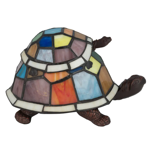 Tiffany schildpadlamp met bronskleurige voet van glas in lood in multicolor glas-in-lood schild, uitgeschakeld