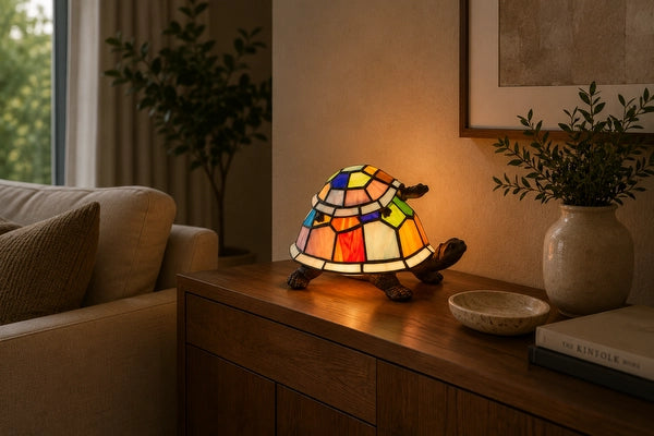 Tiffany schildpadlamp met kleine schildpad 8090 in meerkleurig glas op een houten dressoir in een moderne woonkamer | RORUVERA
