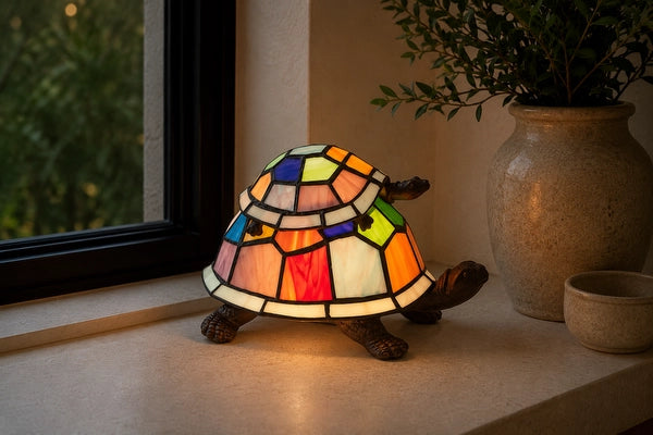 Tiffany schildpadlamp met kleine schildpad 8090 in meerkleurig glas op een vensterbank naast een keramische vaas | RORUVERA