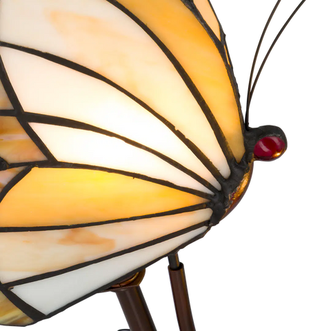 Detail Tiffany vlinderlamp twee vlinders op bloemrijke voet van glas in lood in beige,- en bruintinten