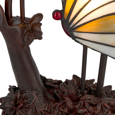 Detail Tiffany vlinderlamp twee vlinders op bloemrijke voet van glas in lood in beige,- en bruintinten