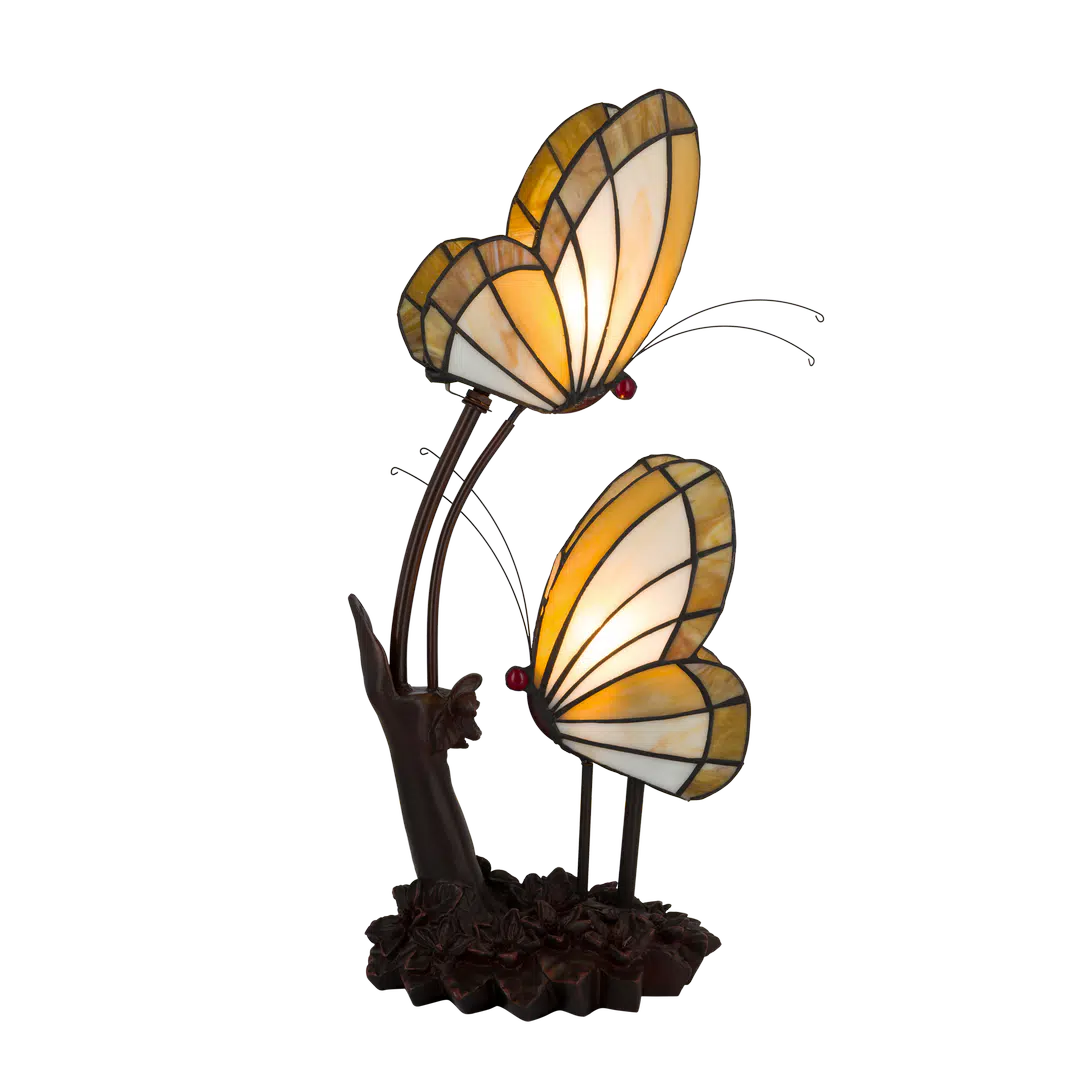 Roruvera Tiffany vlinderlamp twee vlinders op bloemrijke voet van glas in lood in beige,- en bruintinten, brandend