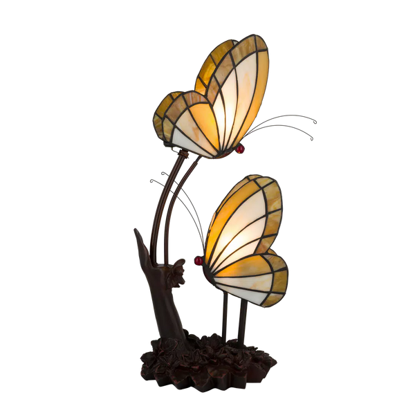 Roruvera Tiffany vlinderlamp twee vlinders op bloemrijke voet van glas in lood in beige,- en bruintinten, brandend