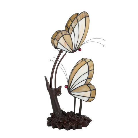 Tiffany vlinderlamp twee vlinders op bloemrijke voet van glas in lood in beige,- en bruintinten, uitgeschakeld