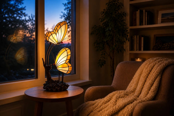 Tiffany dubbele vlinderlamp 8102 in crème en amber op een rond tafeltje bij het raam | RORUVERA