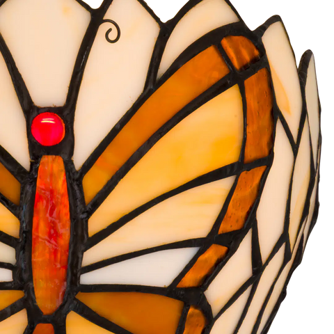 Detail Tiffany wandlamp vlinder van glas in lood in beige,- en bruintinten