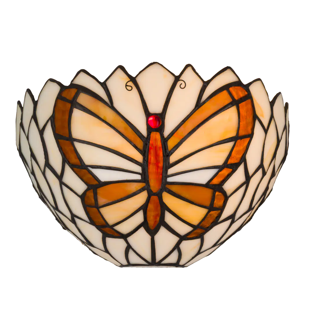 Roruvera Tiffany wandlamp vlinder van glas in lood in beige,- en bruintinten, brandend