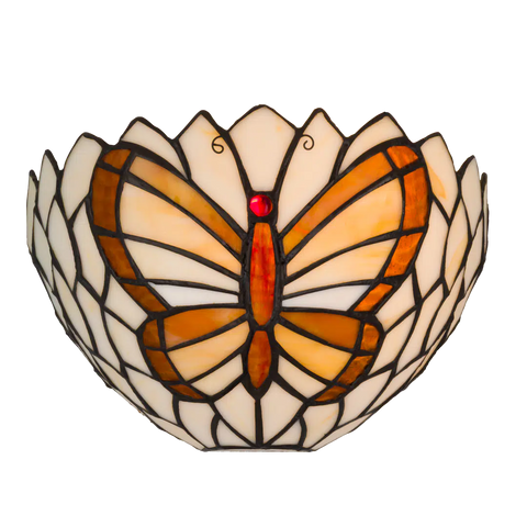 Roruvera Tiffany wandlamp vlinder van glas in lood in beige,- en bruintinten, brandend