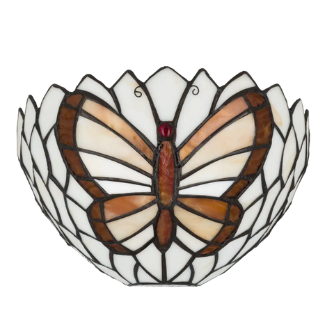 Tiffany wandlamp vlinder van glas in lood in beige,- en bruintinten, uitgeschakeld