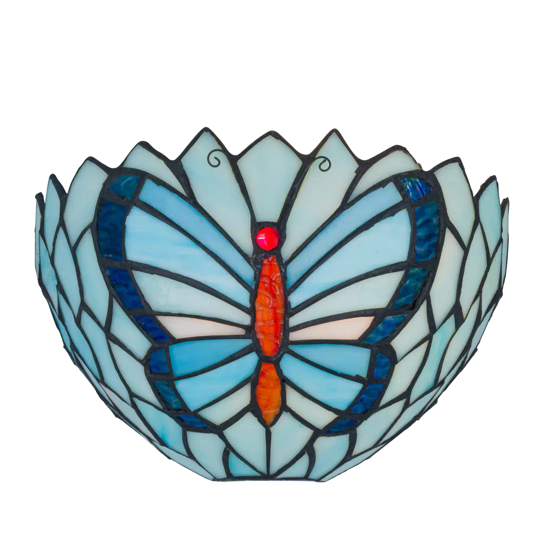 Roruvera Tiffany wandlamp vlinder van glas in lood in donker,- en lichtblauwtinten, brandend