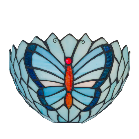 Roruvera Tiffany wandlamp vlinder van glas in lood in donker,- en lichtblauwtinten, brandend