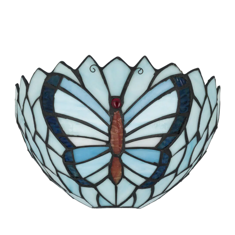Tiffany wandlamp vlinder van glas in lood in donker,- en lichtblauwtinten, uitgeschakeld