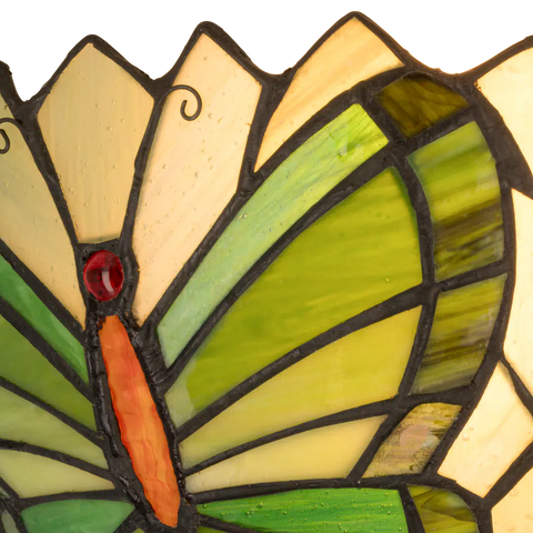 Detail Tiffany wandlamp vlinder van glas in lood in groentinten, uitgeschakeld