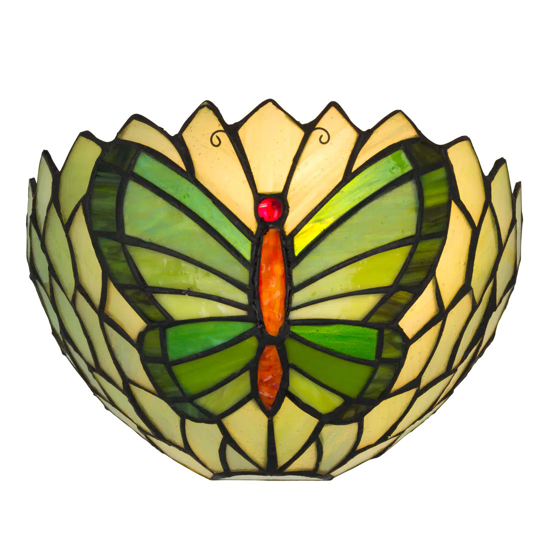 Roruvera Tiffany wandlamp vlinder van glas in lood in groentinten
