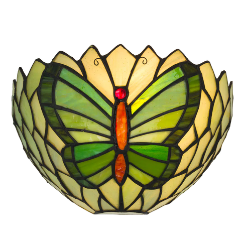 Roruvera Tiffany wandlamp vlinder van glas in lood in groentinten