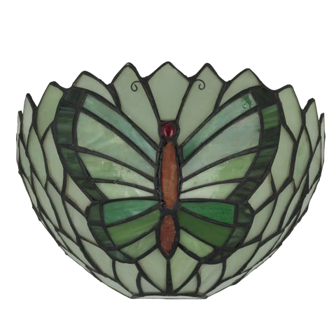 Tiffany wandlamp vlinder van glas in lood in groentinten, brandend