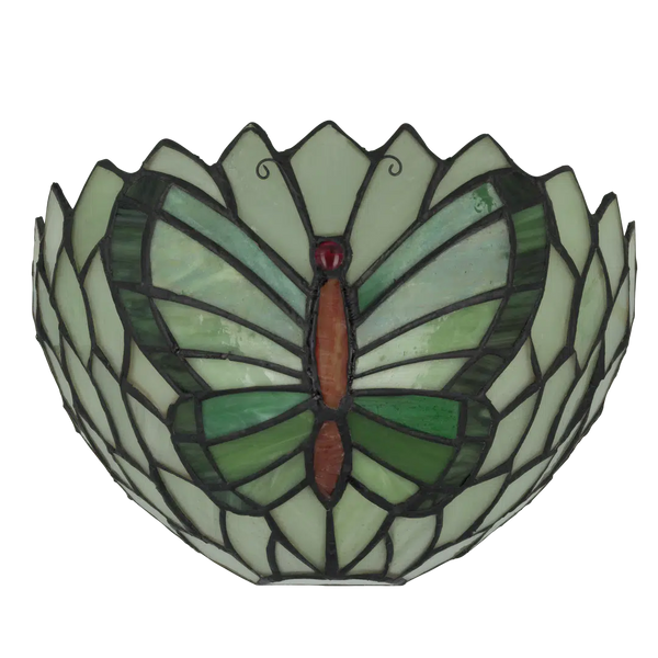Tiffany wandlamp vlinder van glas in lood in groentinten, brandend