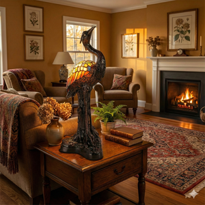 Tiffany reiger tafellamp – glas-in-lood in amber, crème & blauw – H 53 cm (7060)